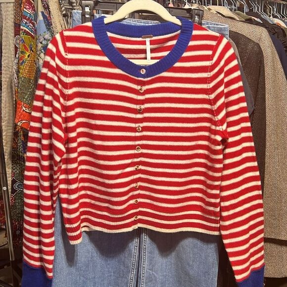 Free People Nocturnal Stripe Cashmere Blend Cardigan in Valiant Blue Combo NWOT - Picture 8 of 10